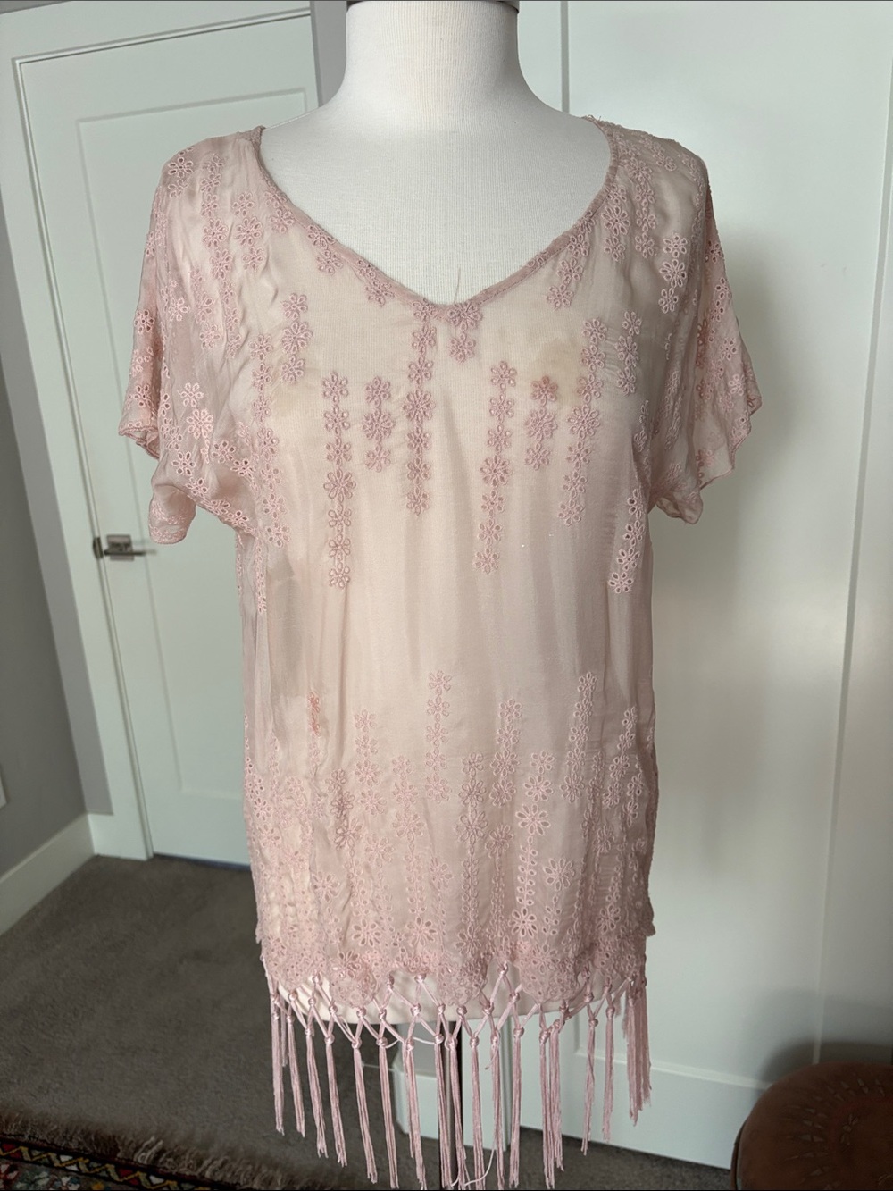 For Love & Liberty silk Boho Fringe Embroidered Pink Blouse